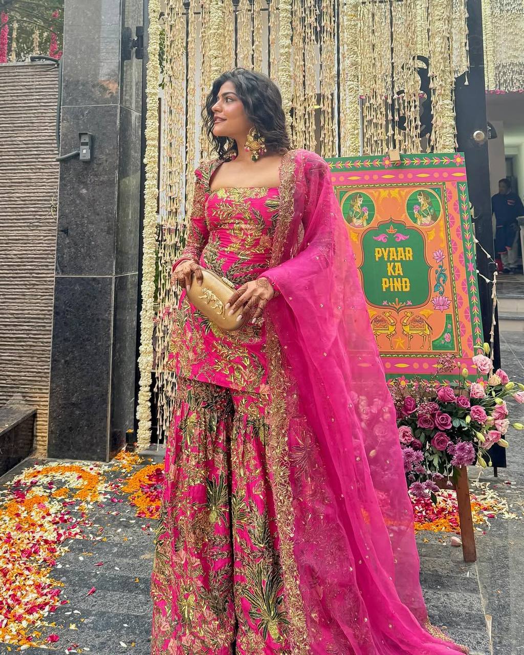 Embroidered Sharara Suit set dark pink with golden embroidery