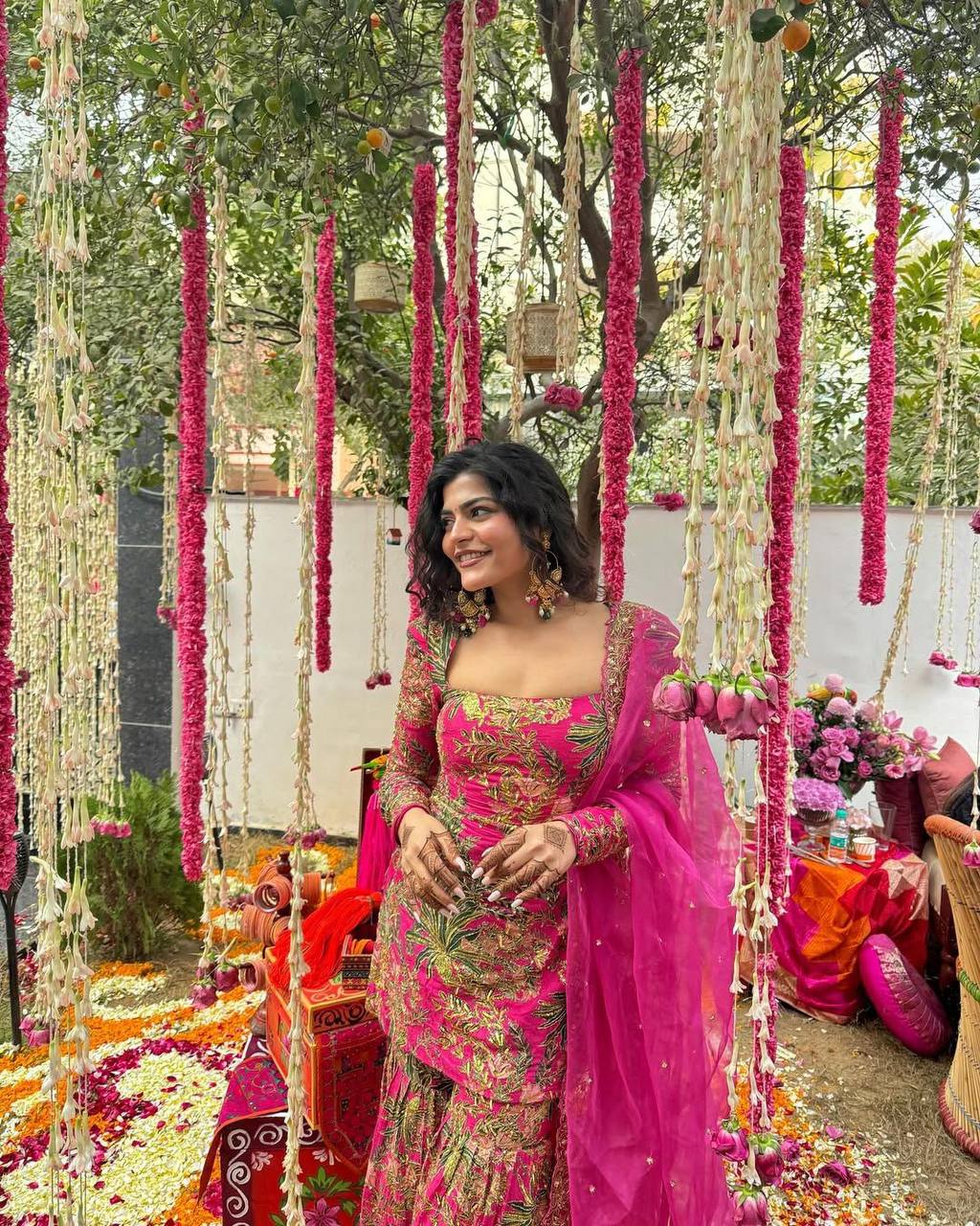 Embroidered Sharara Suit set dark pink with golden embroidery