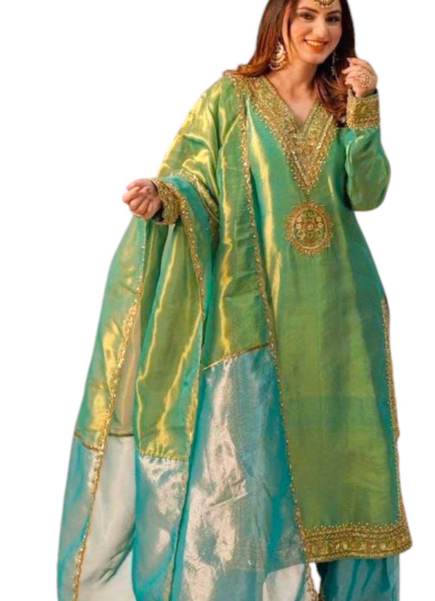 Silk Shimmer Turquoise and Green with Golden detailing, giving it a rich and luxurious appeal.with a Jimmy Choo-inspired finish features intricate sequins and thread embroidery.