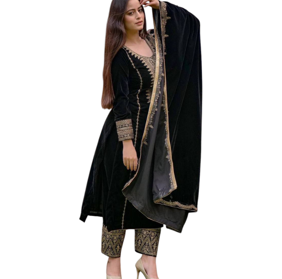 Black Velvet Party Wear Suit With Embroidery On Suit, Salwar, and Dupatta.