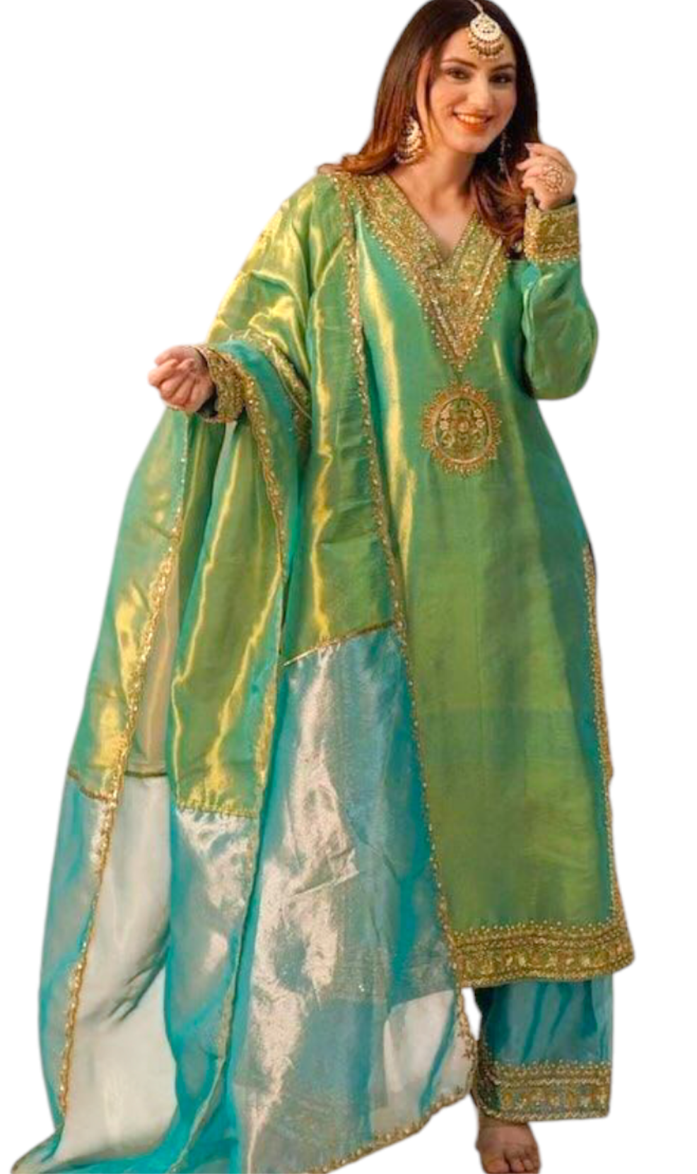 Silk Shimmer Turquoise and Green with Golden detailing, giving it a rich and luxurious appeal.with a Jimmy Choo-inspired finish features intricate sequins and thread embroidery.