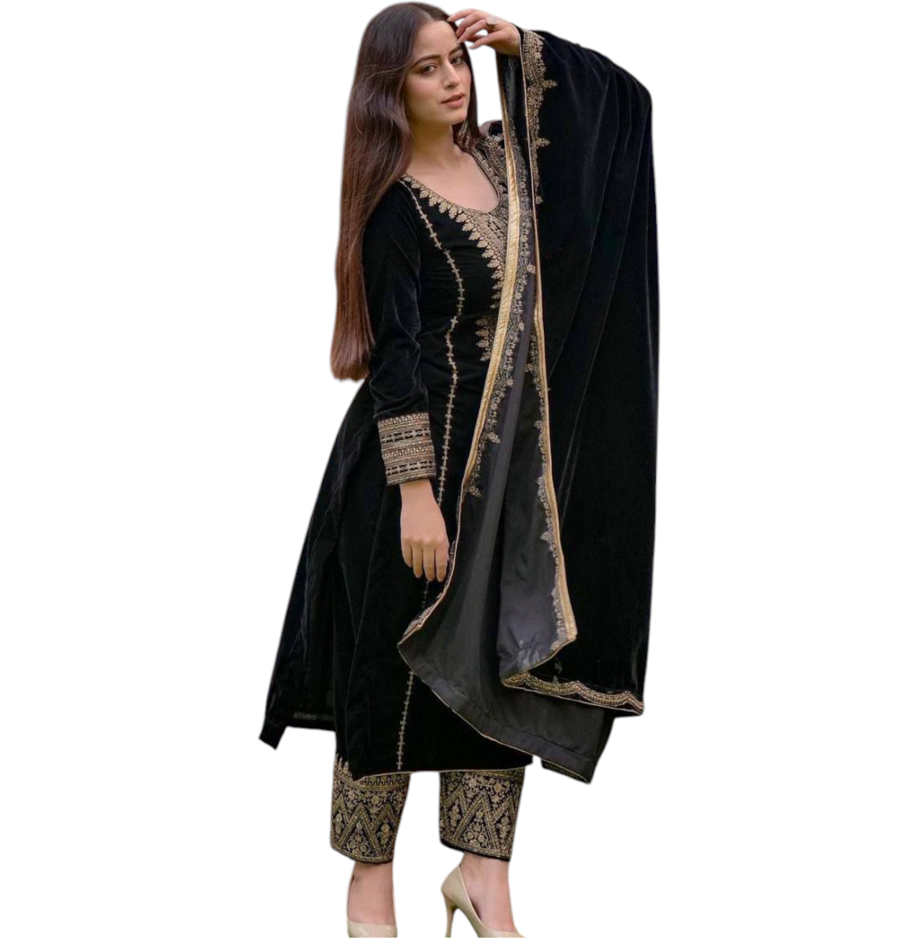 Black Velvet Party Wear Suit With Embroidery On Suit, Salwar, and Dupatta.