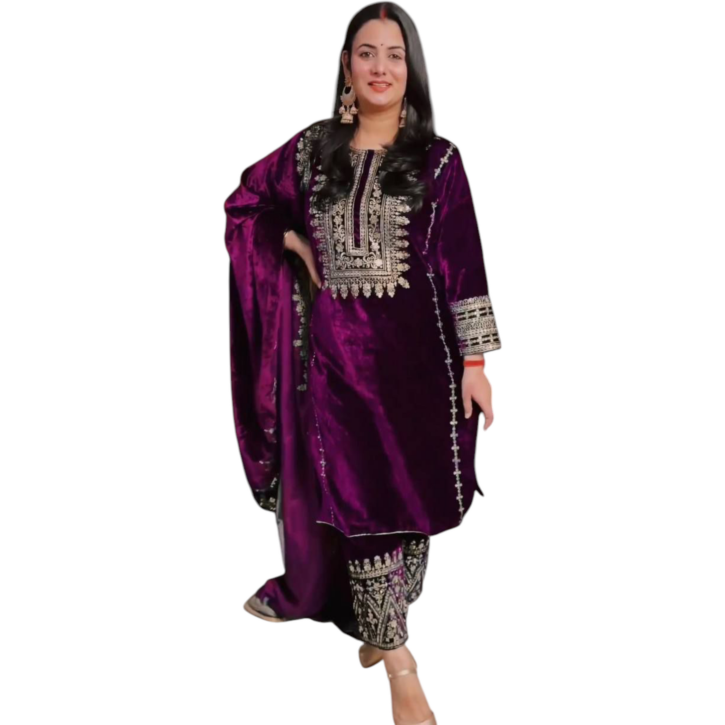 Black Velvet Party Wear Suit With Embroidery On Suit, Salwar, and Dupatta.