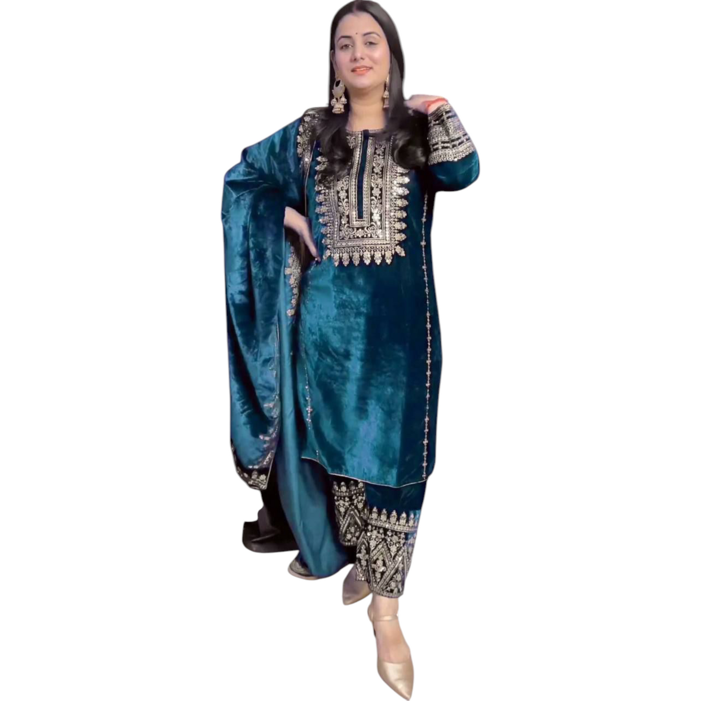 Black Velvet Party Wear Suit With Embroidery On Suit, Salwar, and Dupatta.
