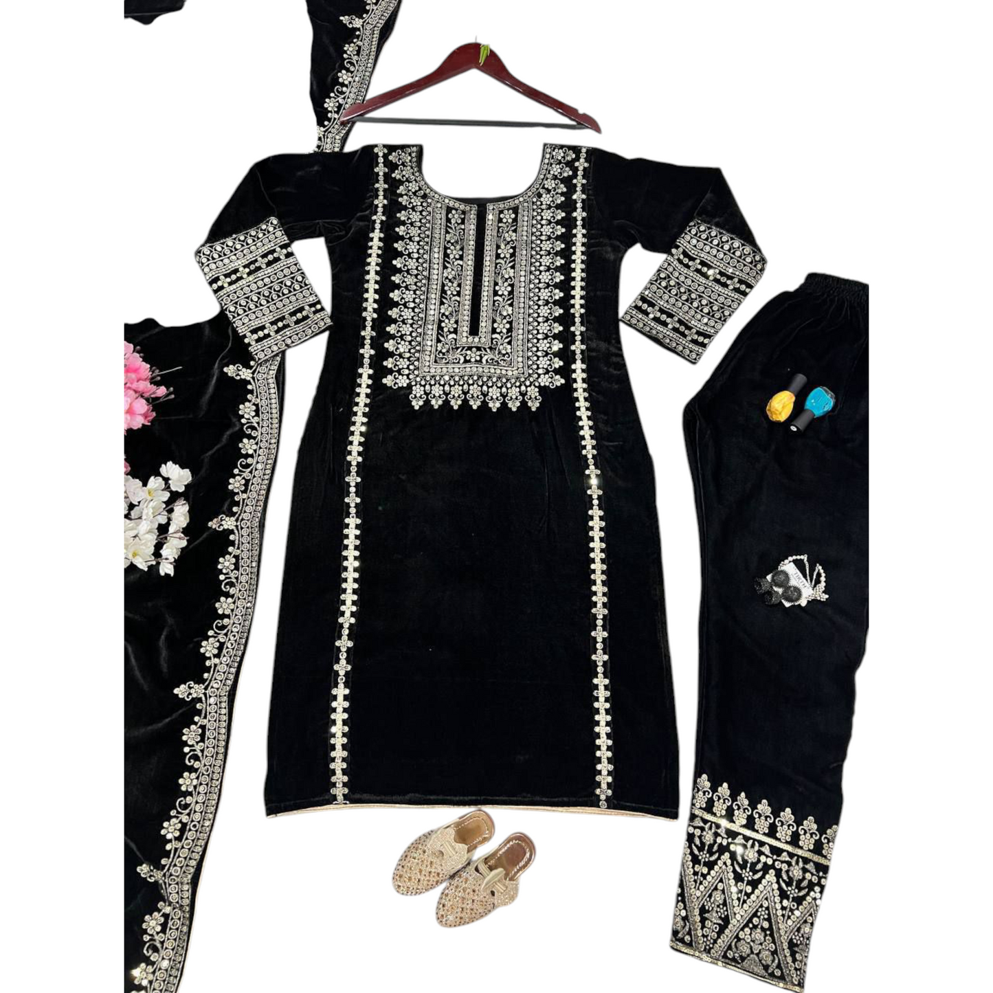 Black Velvet Party Wear Suit With Embroidery On Suit, Salwar, and Dupatta.