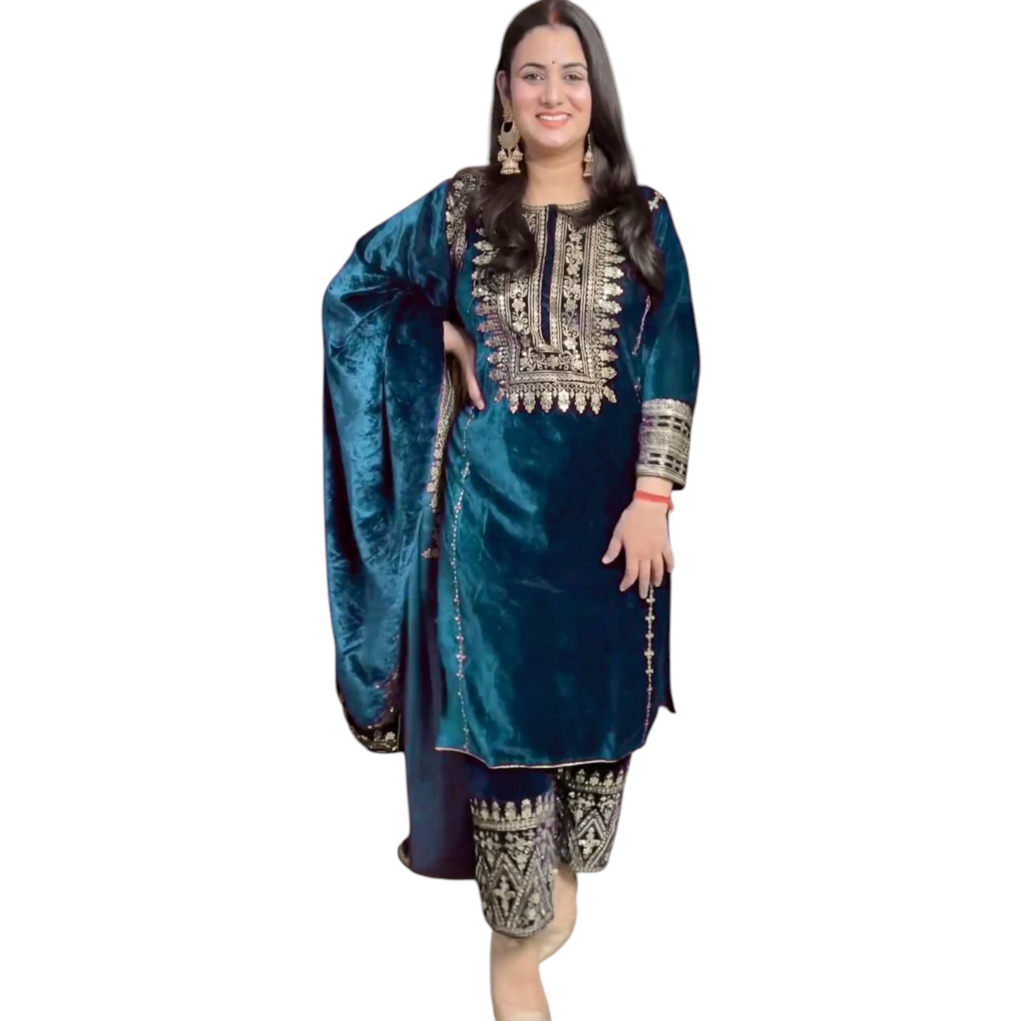 Black Velvet Party Wear Suit With Embroidery On Suit, Salwar, and Dupatta.