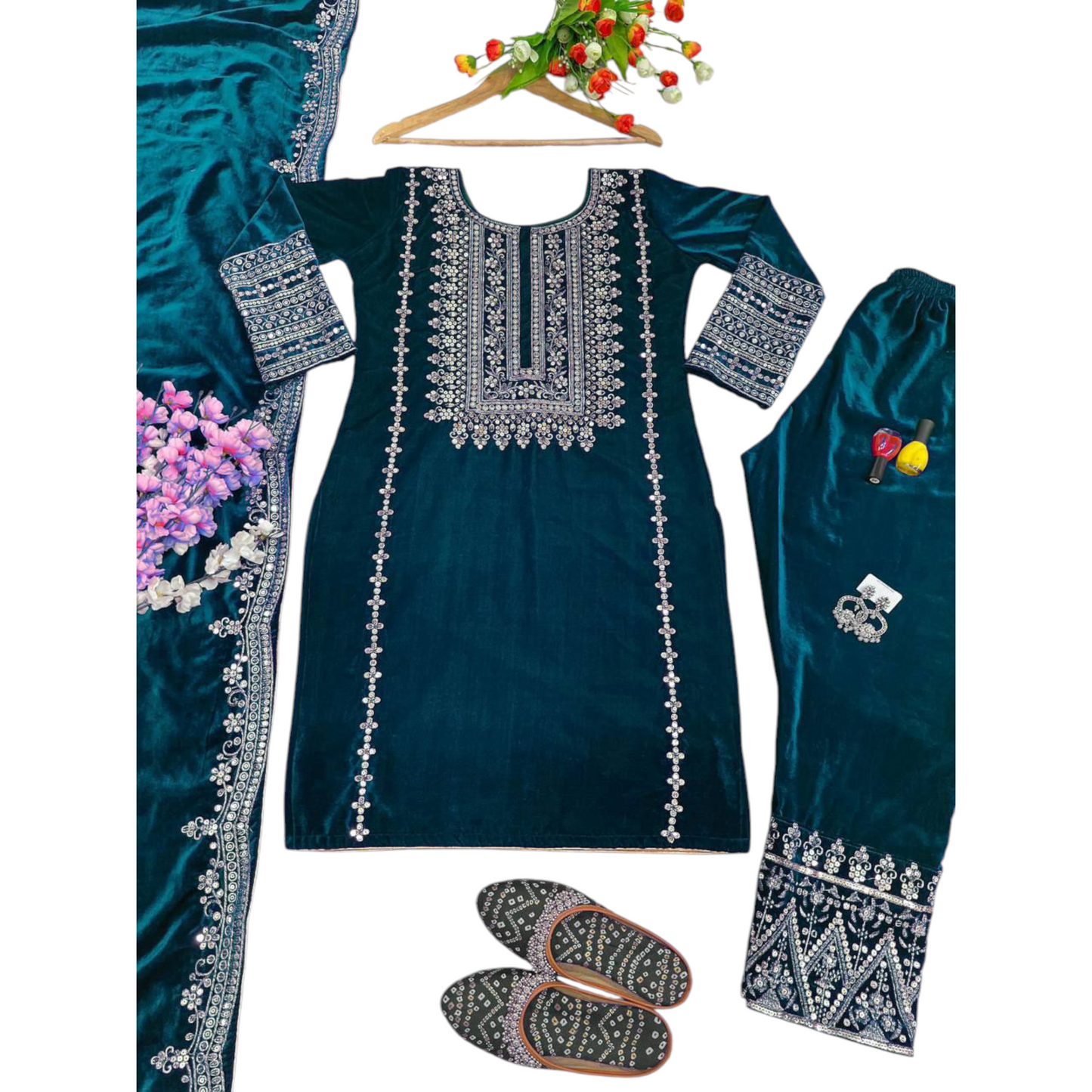 Black Velvet Party Wear Suit With Embroidery On Suit, Salwar, and Dupatta.