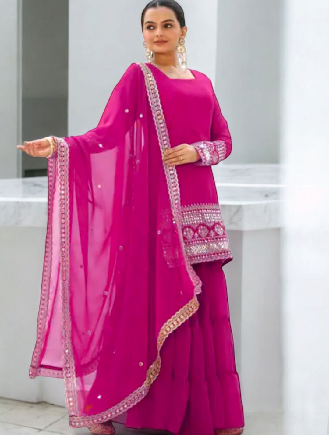 Stunning Suit Crafted From Heavy Faux Georgette Available In Pink & Royal Blue
