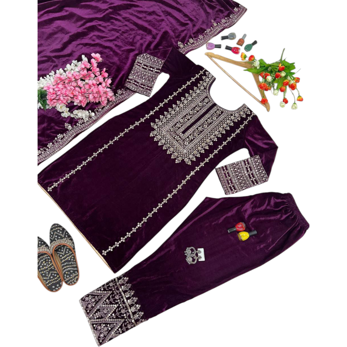 Black Velvet Party Wear Suit With Embroidery On Suit, Salwar, and Dupatta.