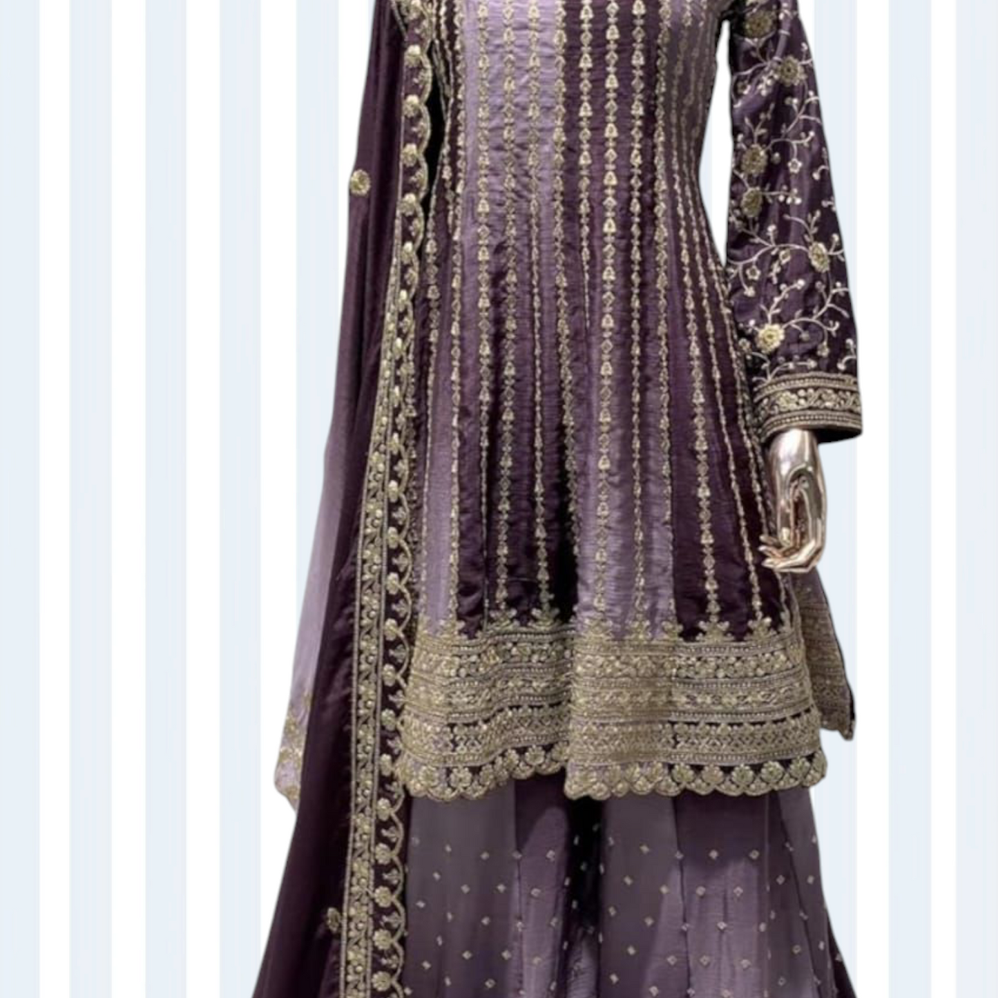 Kalidar Anarkali Tinted Purple with Plazzo and Dupatta.