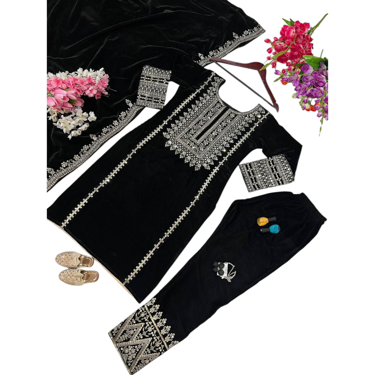 Black Velvet Party Wear Suit With Embroidery On Suit, Salwar, and Dupatta.