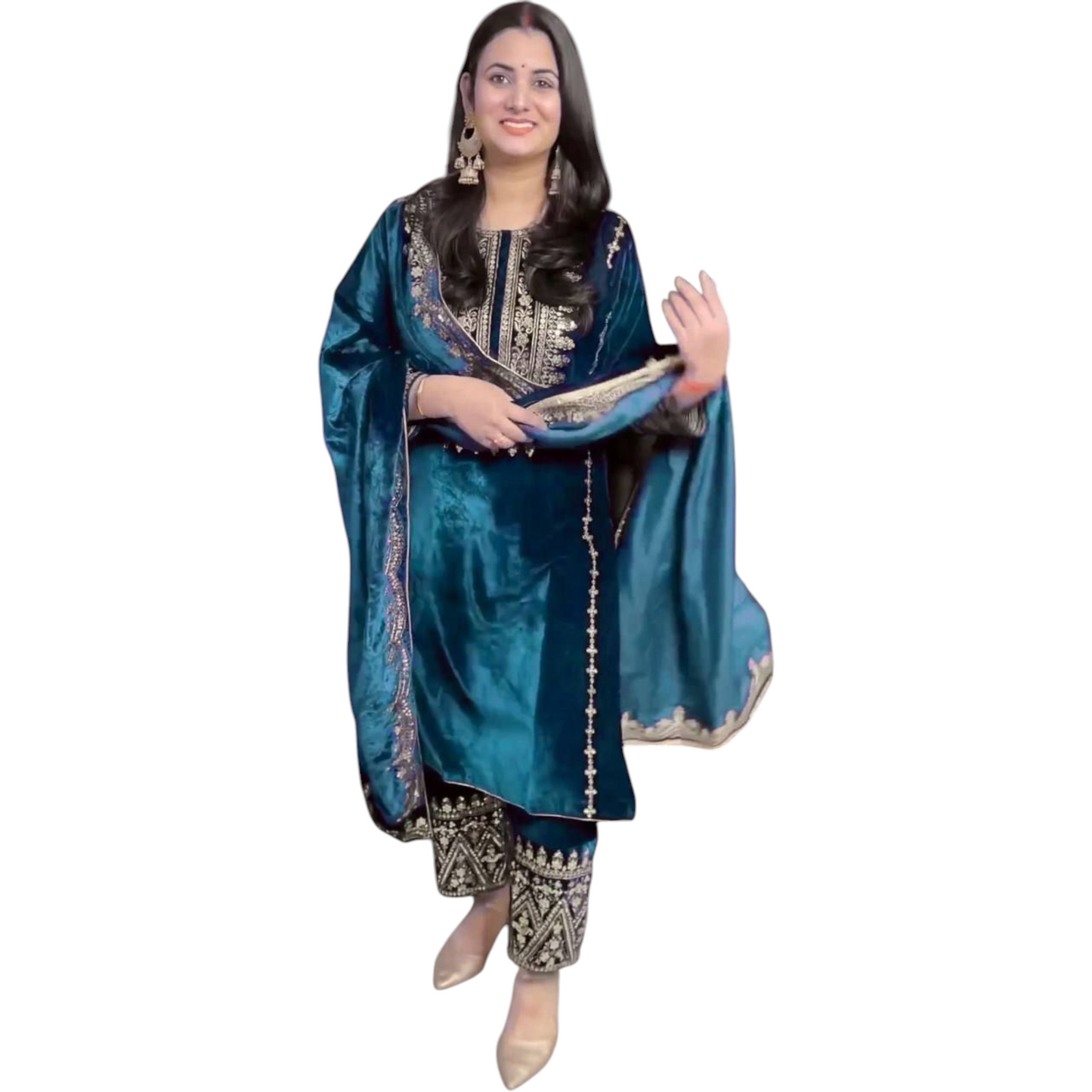 Black Velvet Party Wear Suit With Embroidery On Suit, Salwar, and Dupatta.