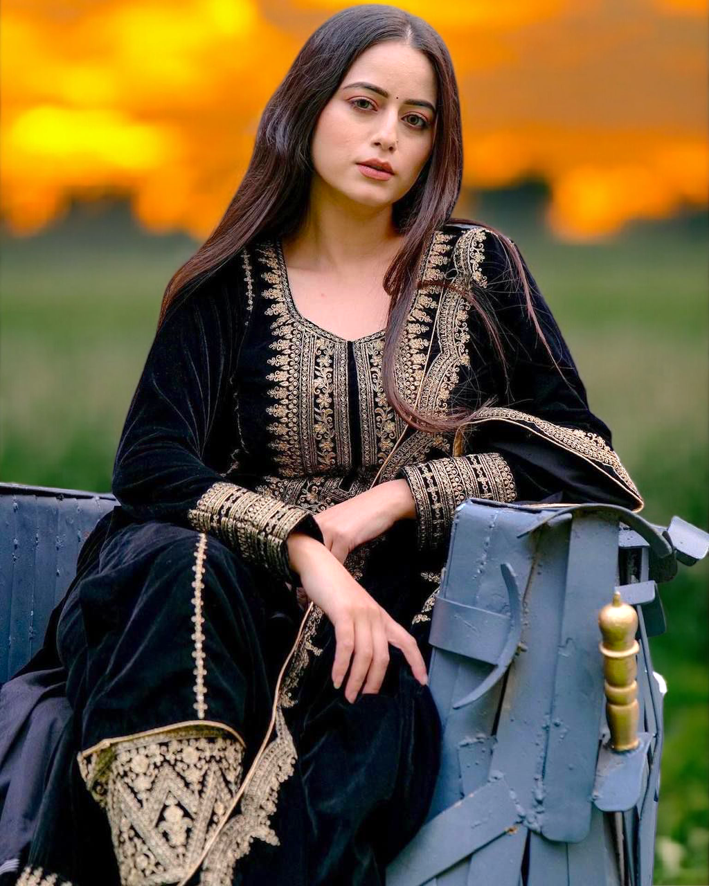 Black Velvet Party Wear Suit With Embroidery On Suit, Salwar, and Dupatta.