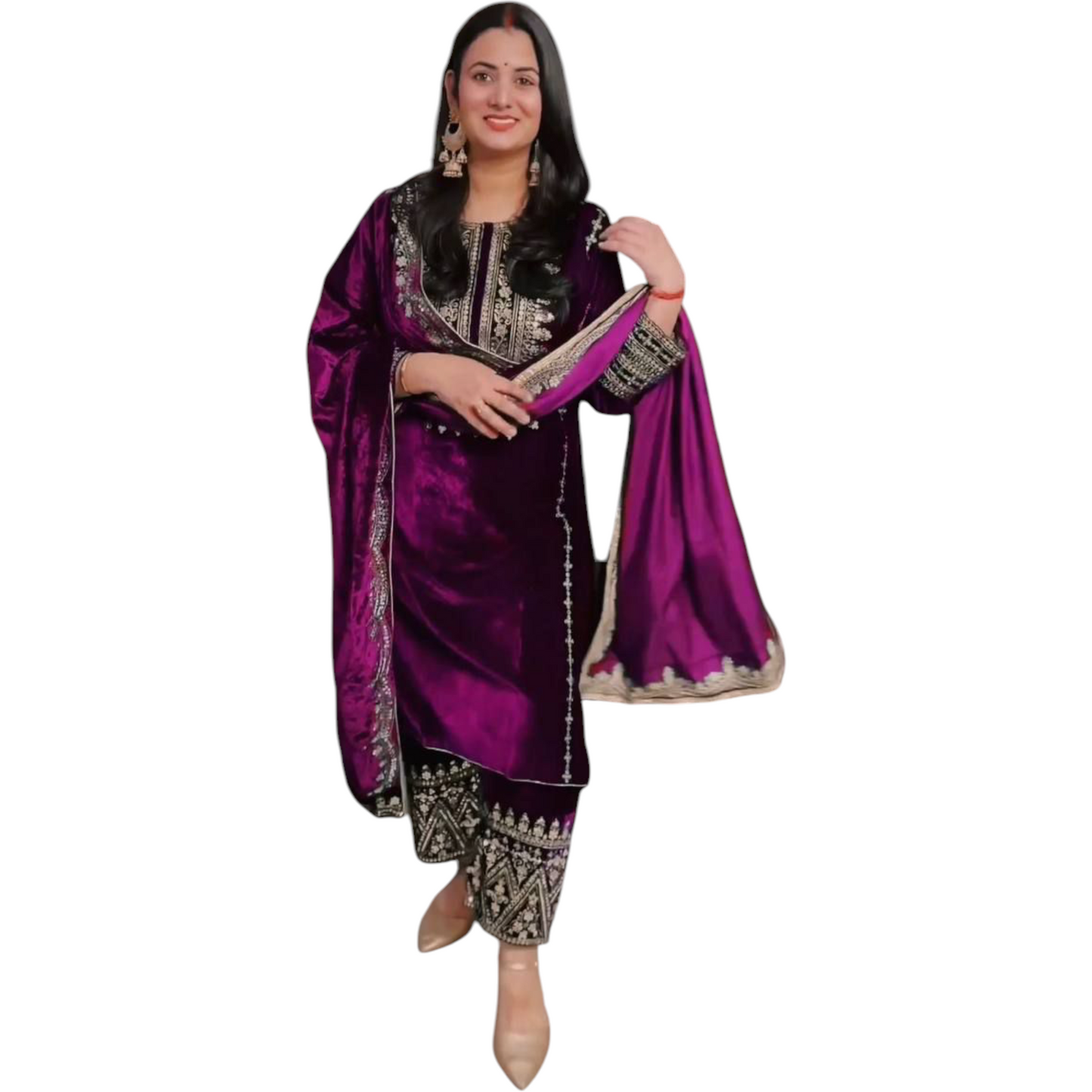 Black Velvet Party Wear Suit With Embroidery On Suit, Salwar, and Dupatta.