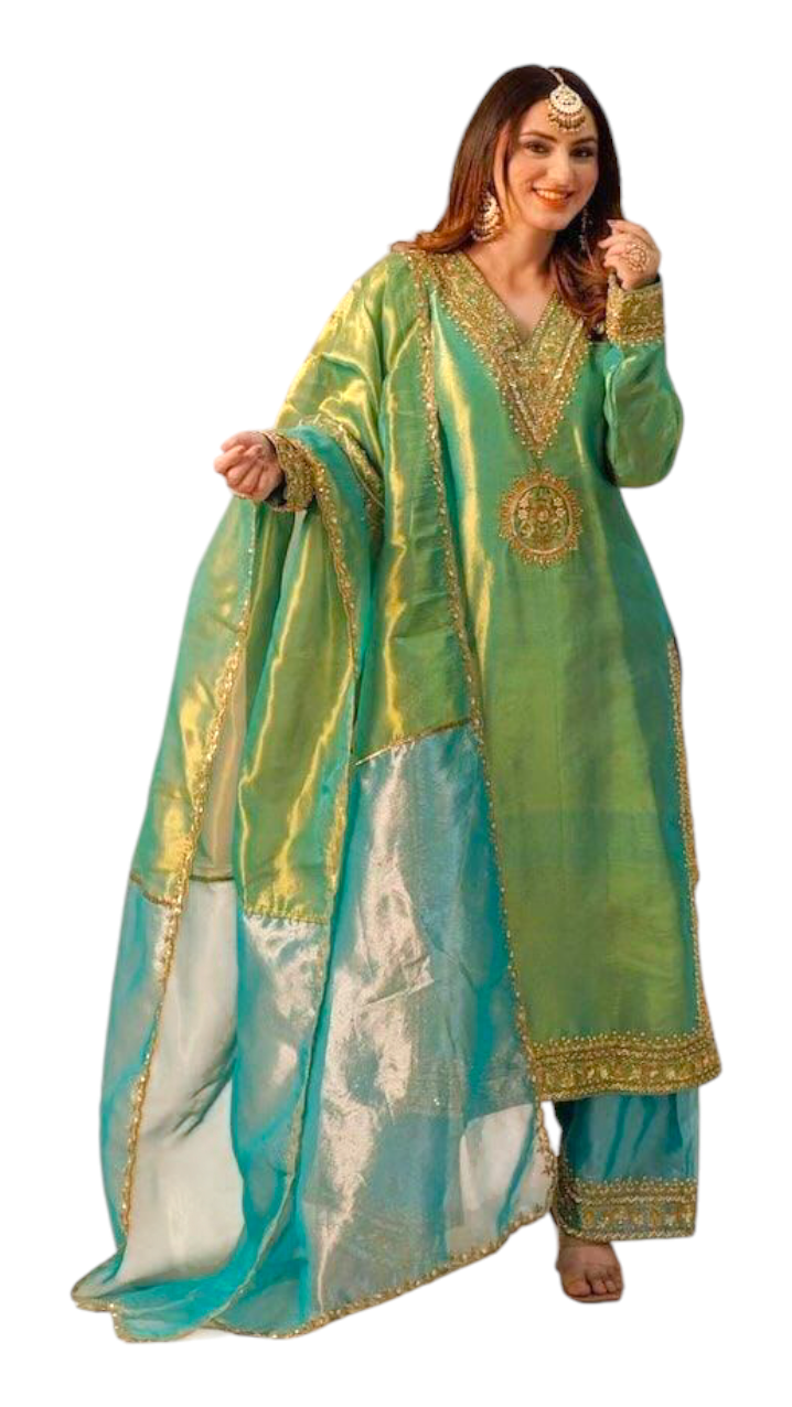 Silk Shimmer Turquoise and Green with Golden detailing, giving it a rich and luxurious appeal.with a Jimmy Choo-inspired finish features intricate sequins and thread embroidery.