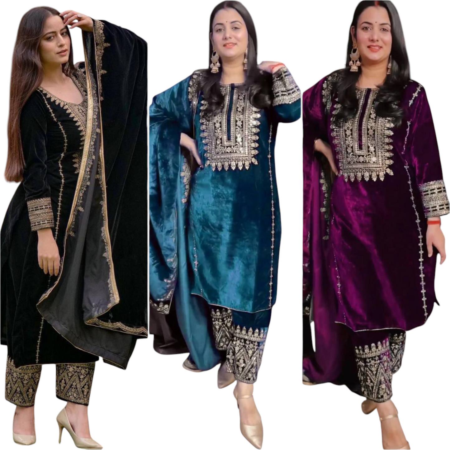 Black Velvet Party Wear Suit With Embroidery On Suit, Salwar, and Dupatta.