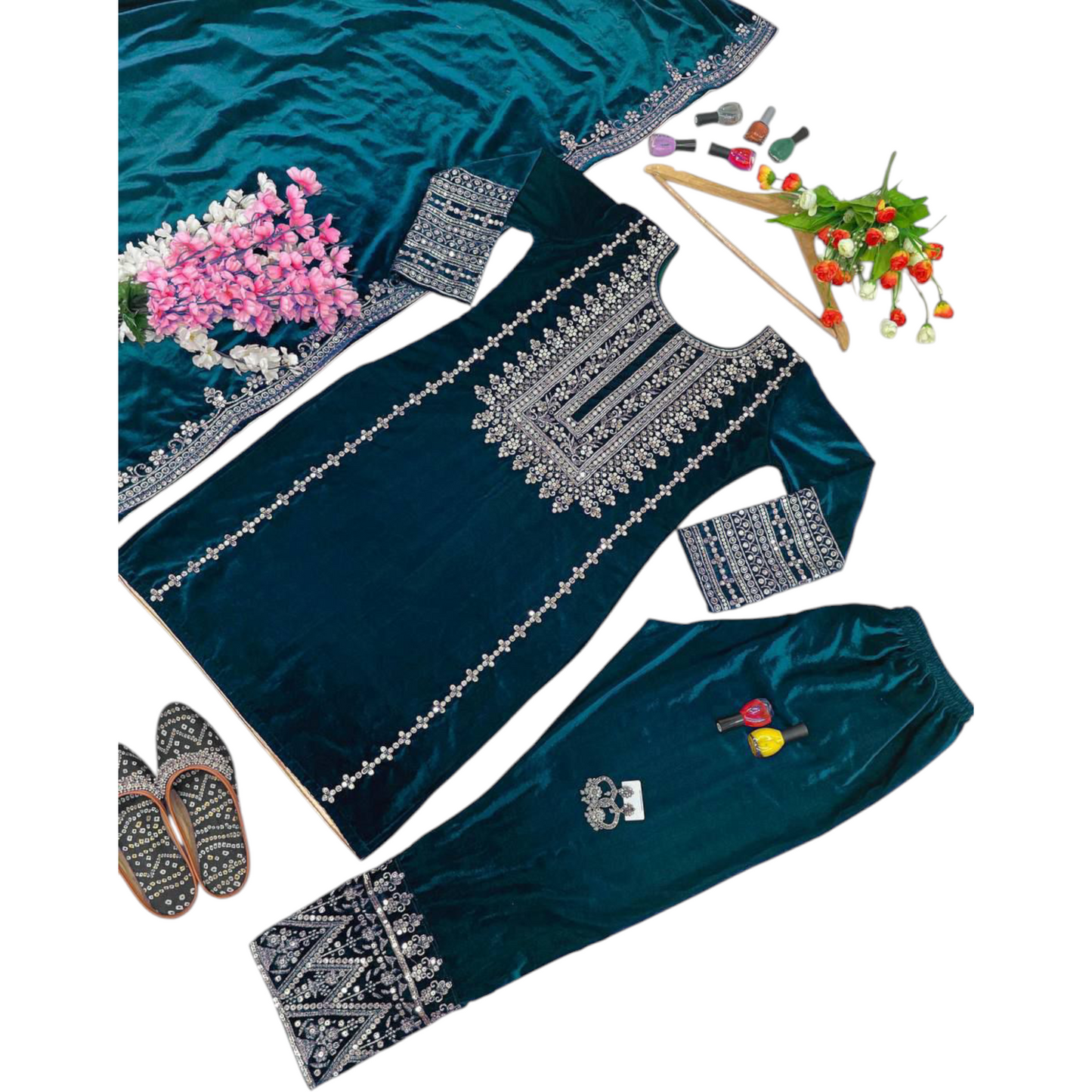 Black Velvet Party Wear Suit With Embroidery On Suit, Salwar, and Dupatta.