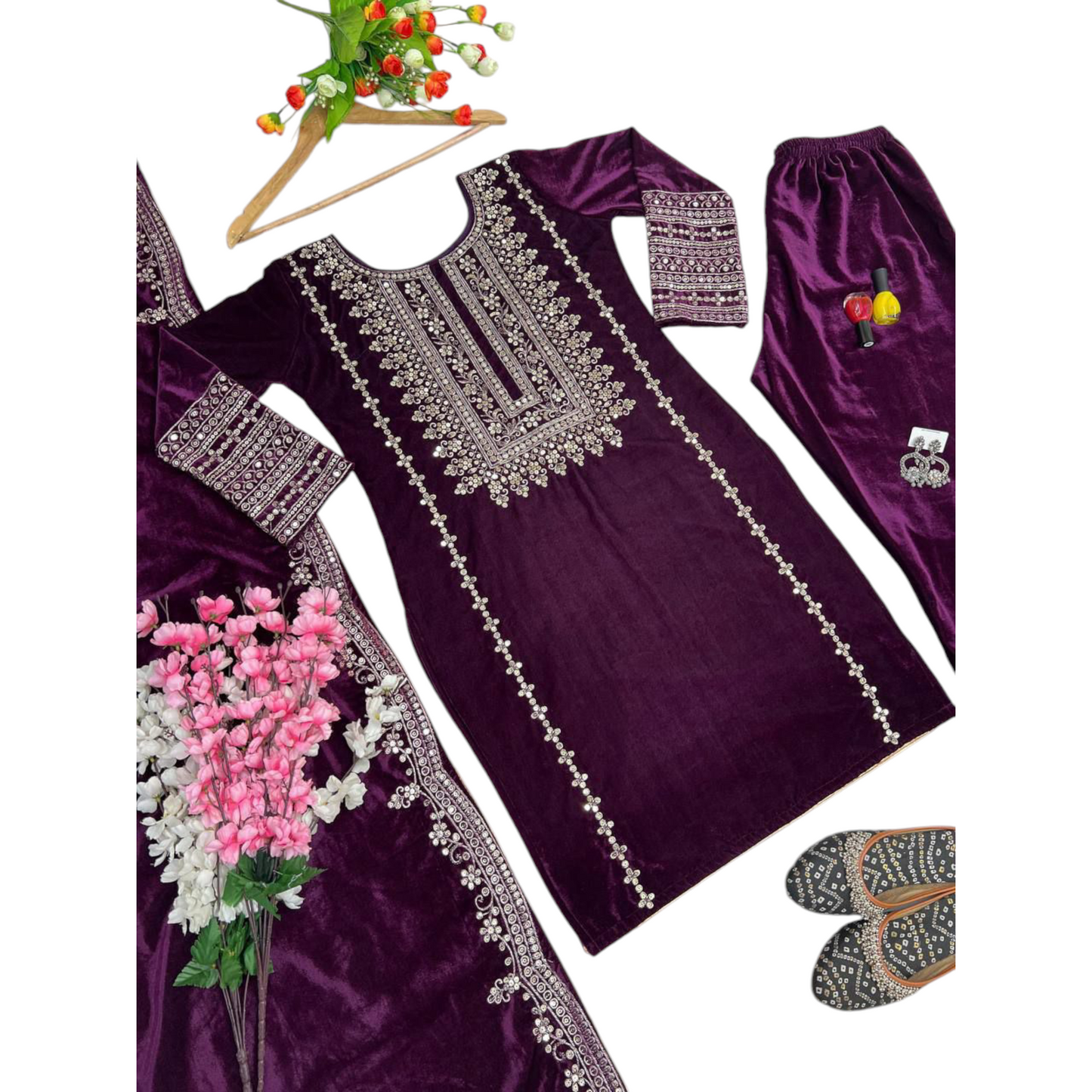 Black Velvet Party Wear Suit With Embroidery On Suit, Salwar, and Dupatta.