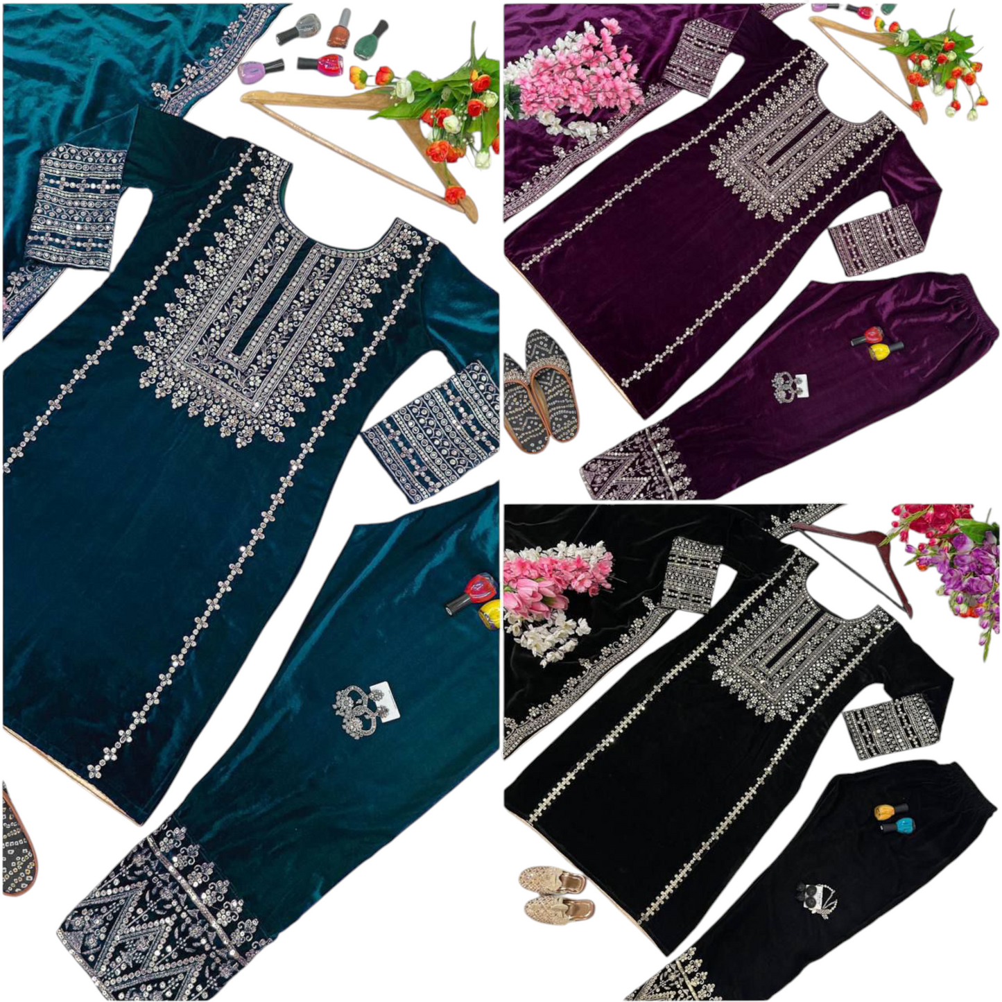 Black Velvet Party Wear Suit With Embroidery On Suit, Salwar, and Dupatta.