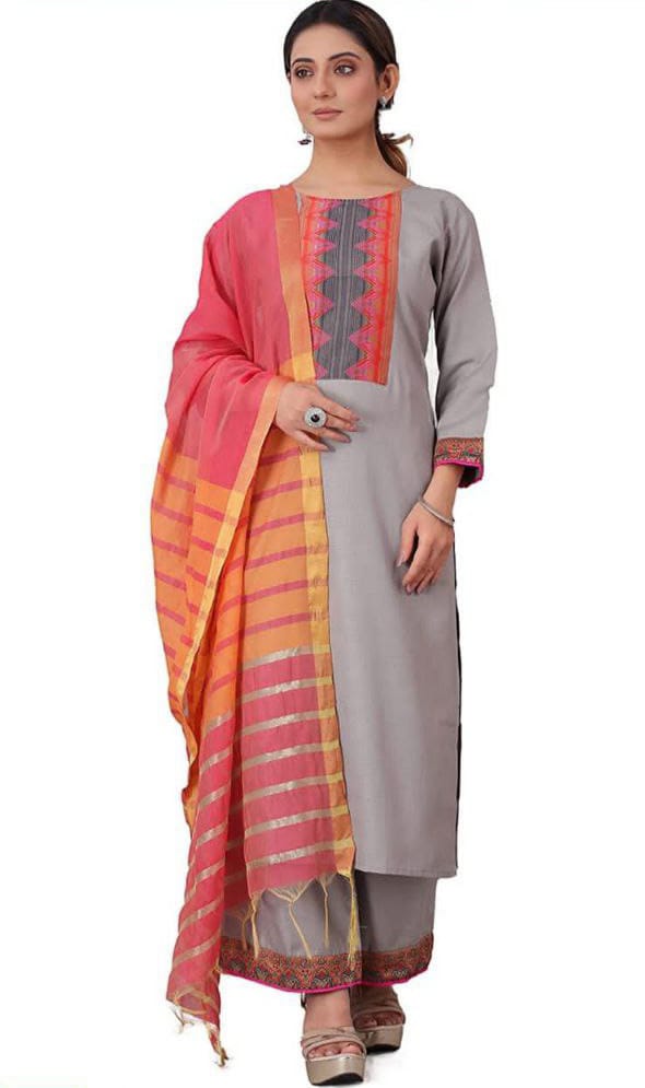 Woman Cotton Grey kurti-pant- dupatta