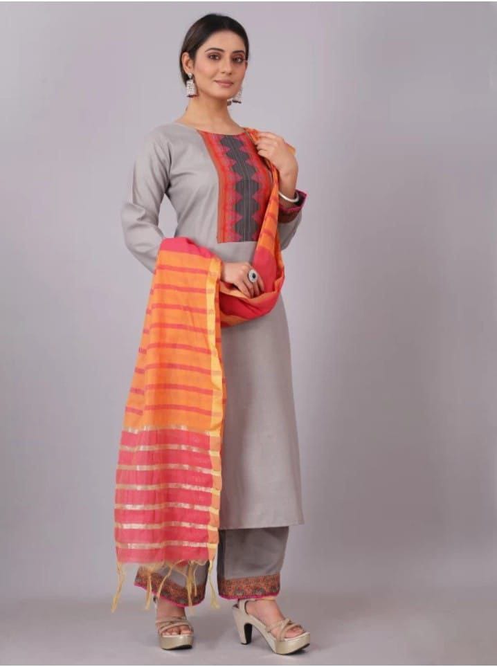 Woman Cotton Grey kurti-pant- dupatta