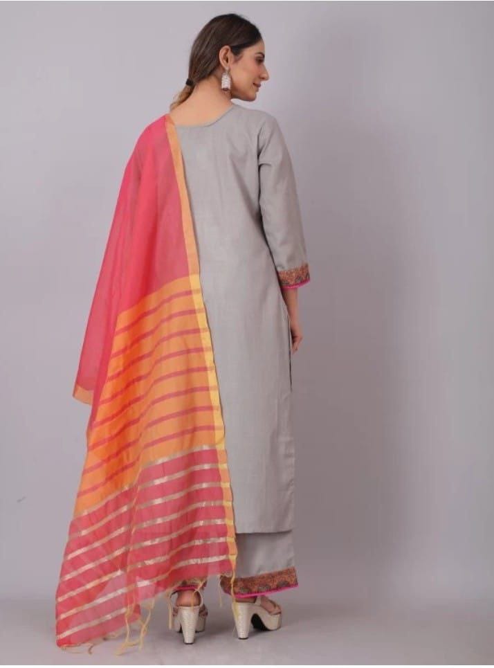 Woman Cotton Grey kurti-pant- dupatta