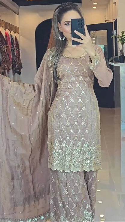 Pure Heavy Chinnon Silk With Heavy Embroidery Sequence Work with Real Mirror Hand Work With Full Sleeve