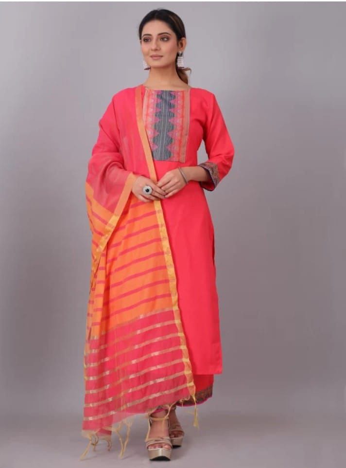 Product Name : Woman Orange Cotton  kurti-pant- dupatta