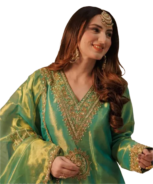 Silk Shimmer Turquoise and Green with Golden detailing, giving it a rich and luxurious appeal.with a Jimmy Choo-inspired finish features intricate sequins and thread embroidery.