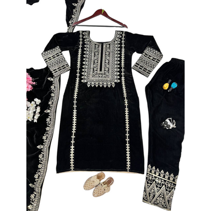 Black Velvet Party Wear Suit With Embroidery On Suit, Salwar, and Dupatta.