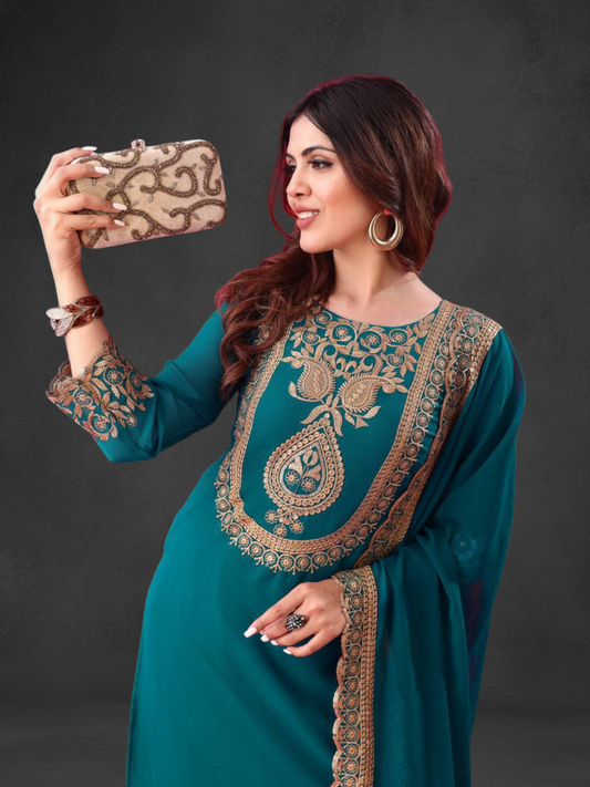 Faux Georgette Plazzo with Embroidery Fully Stiched.