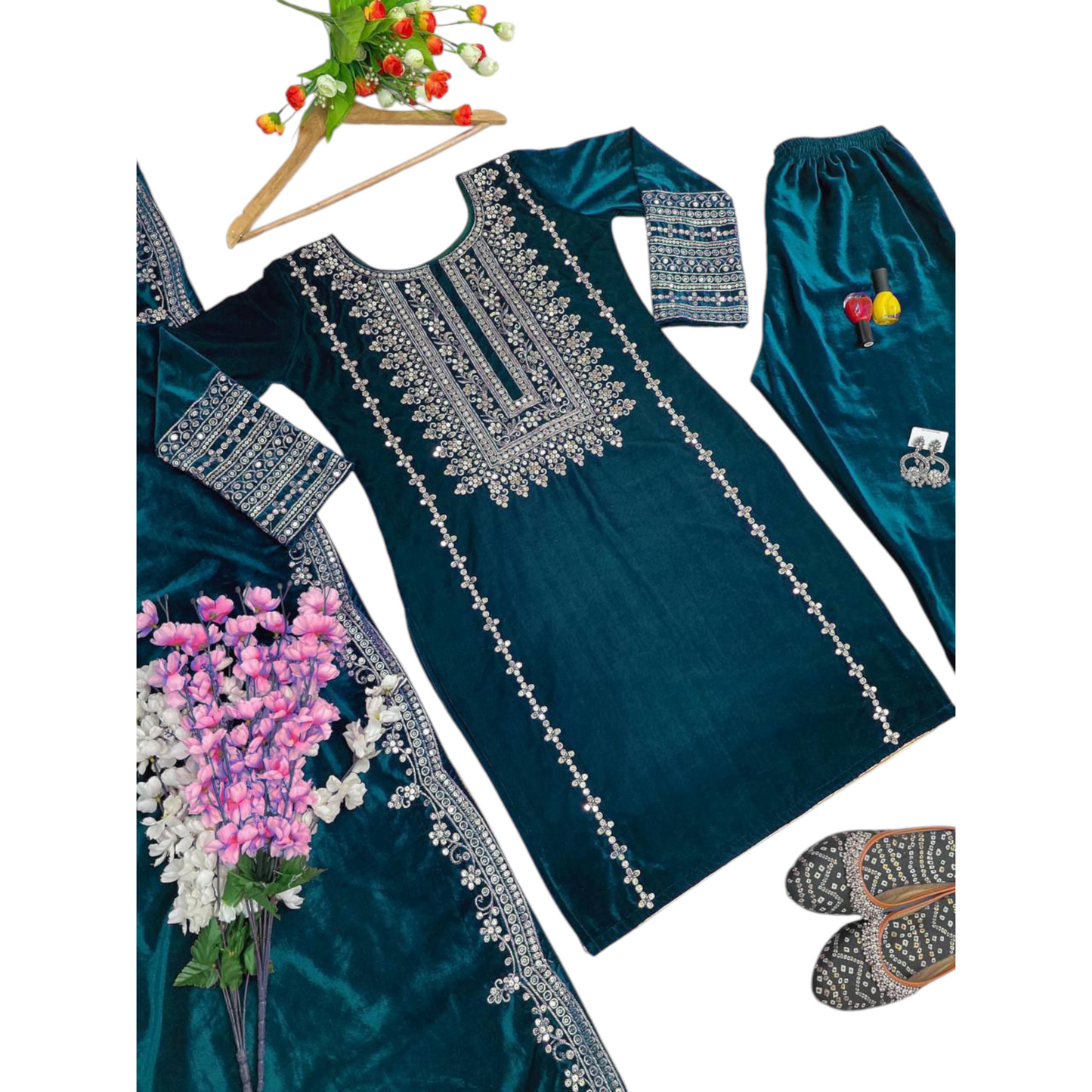 Black Velvet Party Wear Suit With Embroidery On Suit, Salwar, and Dupatta.