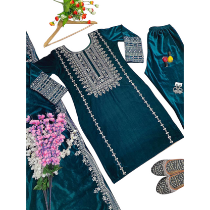 Black Velvet Party Wear Suit With Embroidery On Suit, Salwar, and Dupatta.