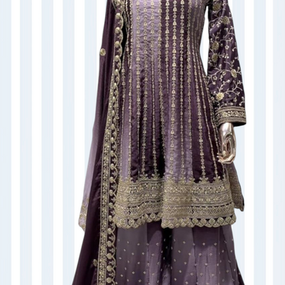 Kalidar Anarkali Tinted Purple with Plazzo and Dupatta.