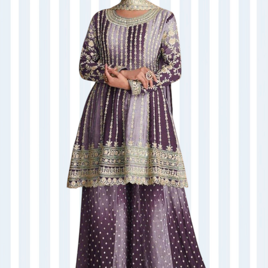 Kalidar Anarkali Tinted Purple with Plazzo and Dupatta.