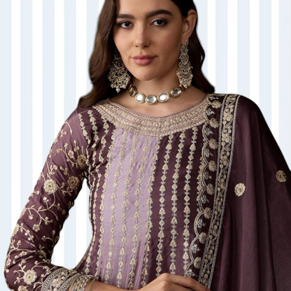 Kalidar Anarkali Tinted Purple with Plazzo and Dupatta.