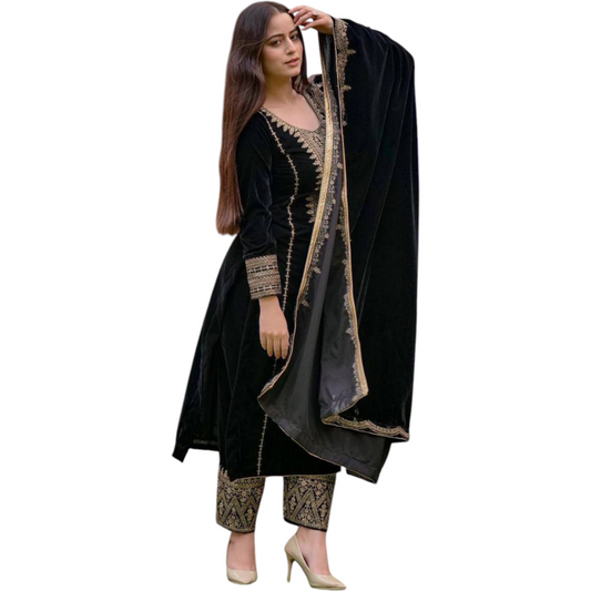 Black Velvet Party Wear Suit With Embroidery On Suit, Salwar, and Dupatta.