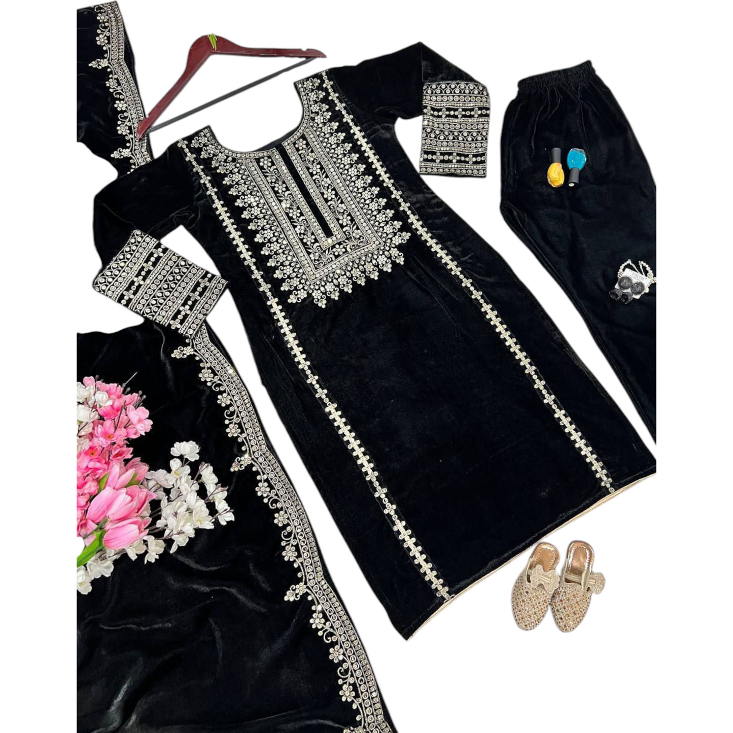 Black Velvet Party Wear Suit With Embroidery On Suit, Salwar, and Dupatta.