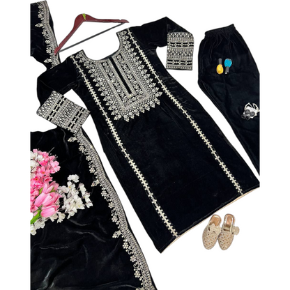 Black Velvet Party Wear Suit With Embroidery On Suit, Salwar, and Dupatta.