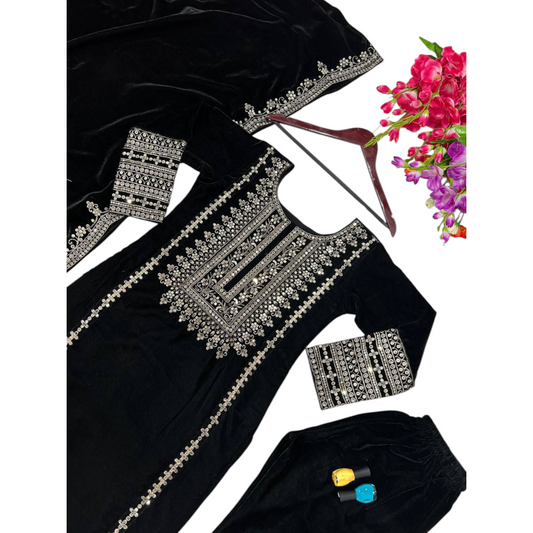 Black Velvet Party Wear Suit With Embroidery On Suit, Salwar, and Dupatta.